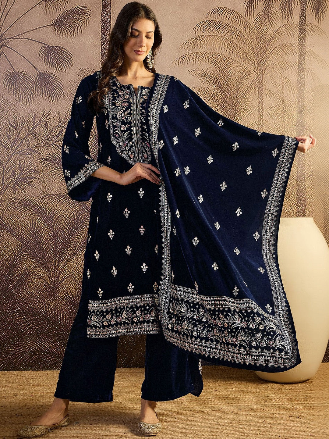 Winter Heavy Embroidered Ethnic velvet Kurta Trousers & Dupatta