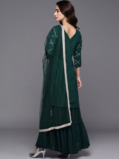 Women Ethnic Motifs Embroidered Regular Sequinned Kurta with Sharara & With Dupatta