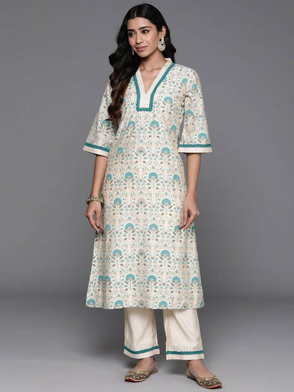 Women's LB Beige Printed Chanderi Silk A-Line Kurta With Palazzos