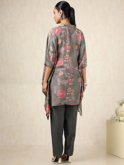 Dhiyona SO Women's Floral Printed Mandarin Collar Kaftan Pure Cotton Kurti With Trousers