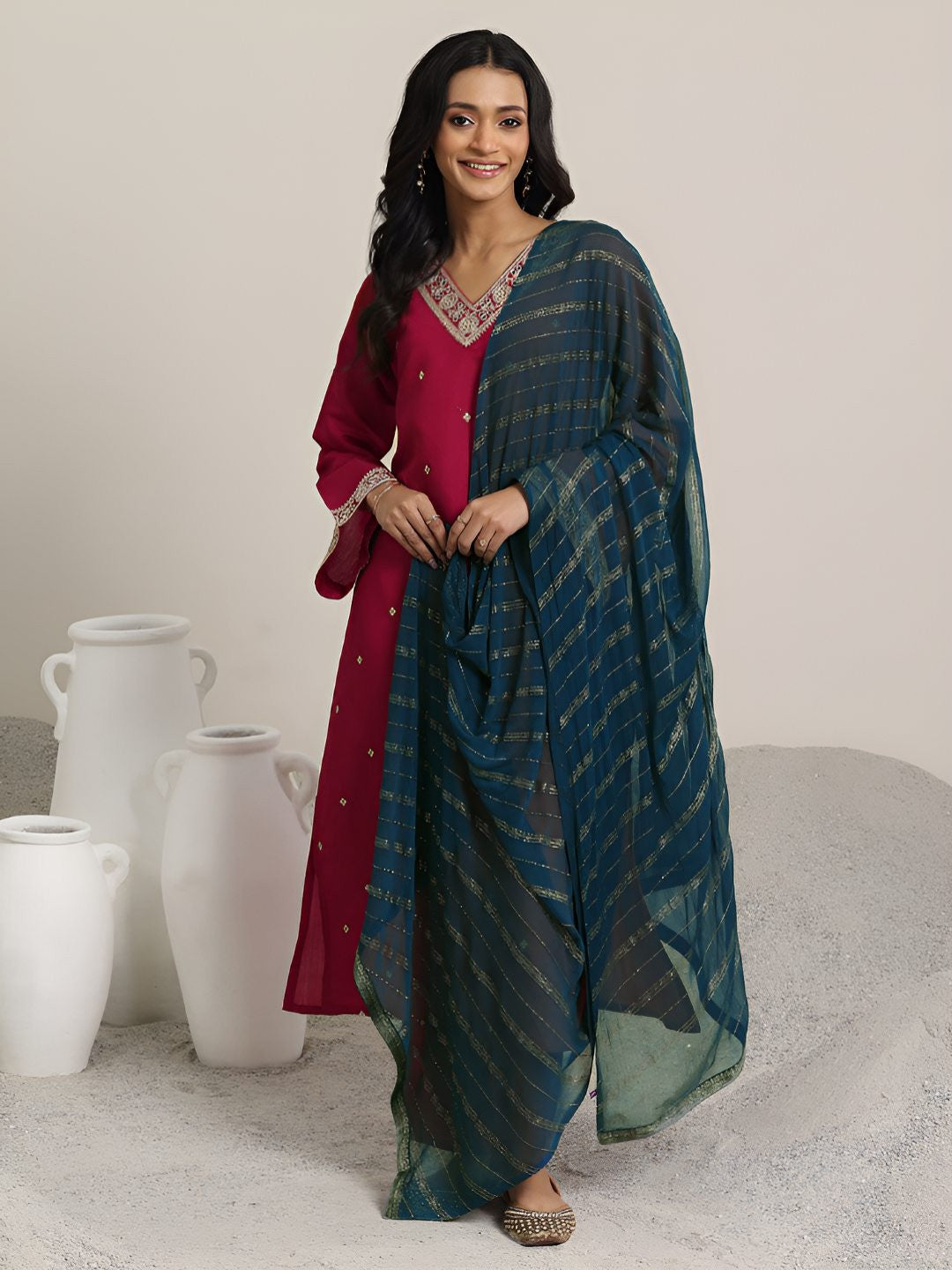 Ethnic Motifs Embroidered V-Neck Straight Kurta With Trousers & Dupatta