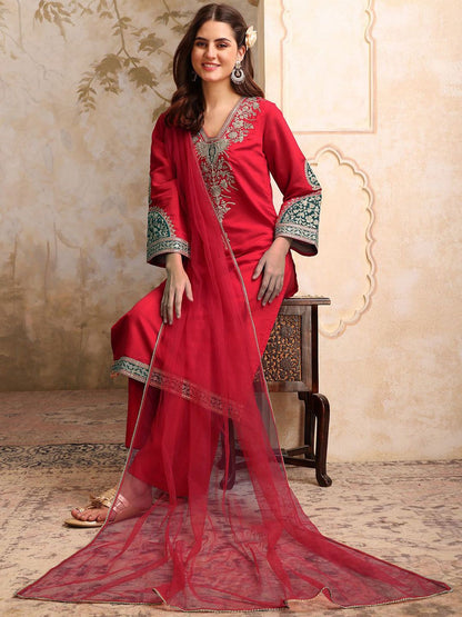 Dhiyona IN Floral Embroidered V Neck Sequinned Straight Kurta With Palazzos & Dupatta
