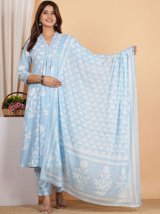Dhiyona KL Women Floral Printed Pleated Thread Work Pure Cotton Kurta with Trousers & With Dupatta