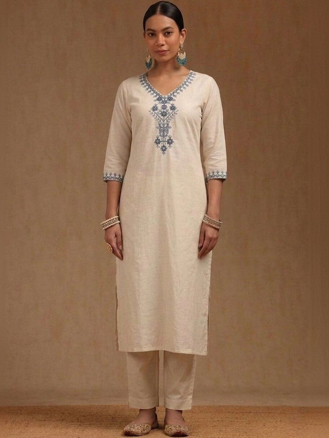 Embroidered Khadi Cotton Round Neck Kurta & Trousers With Dupatta