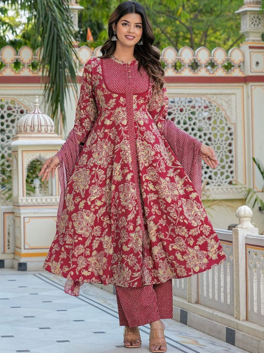 Dhiyona KL Women Floral Printed Panelled Kurta with Trousers & With Dupatta