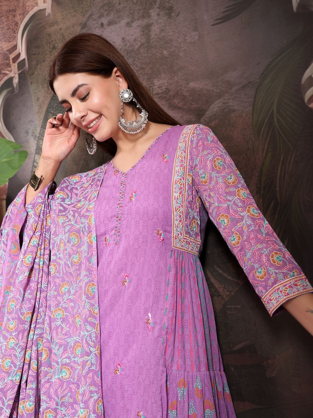 Floral Embroidered V-Neck Pure Cotton Anarkali Kurta & Trousers With Dupatta