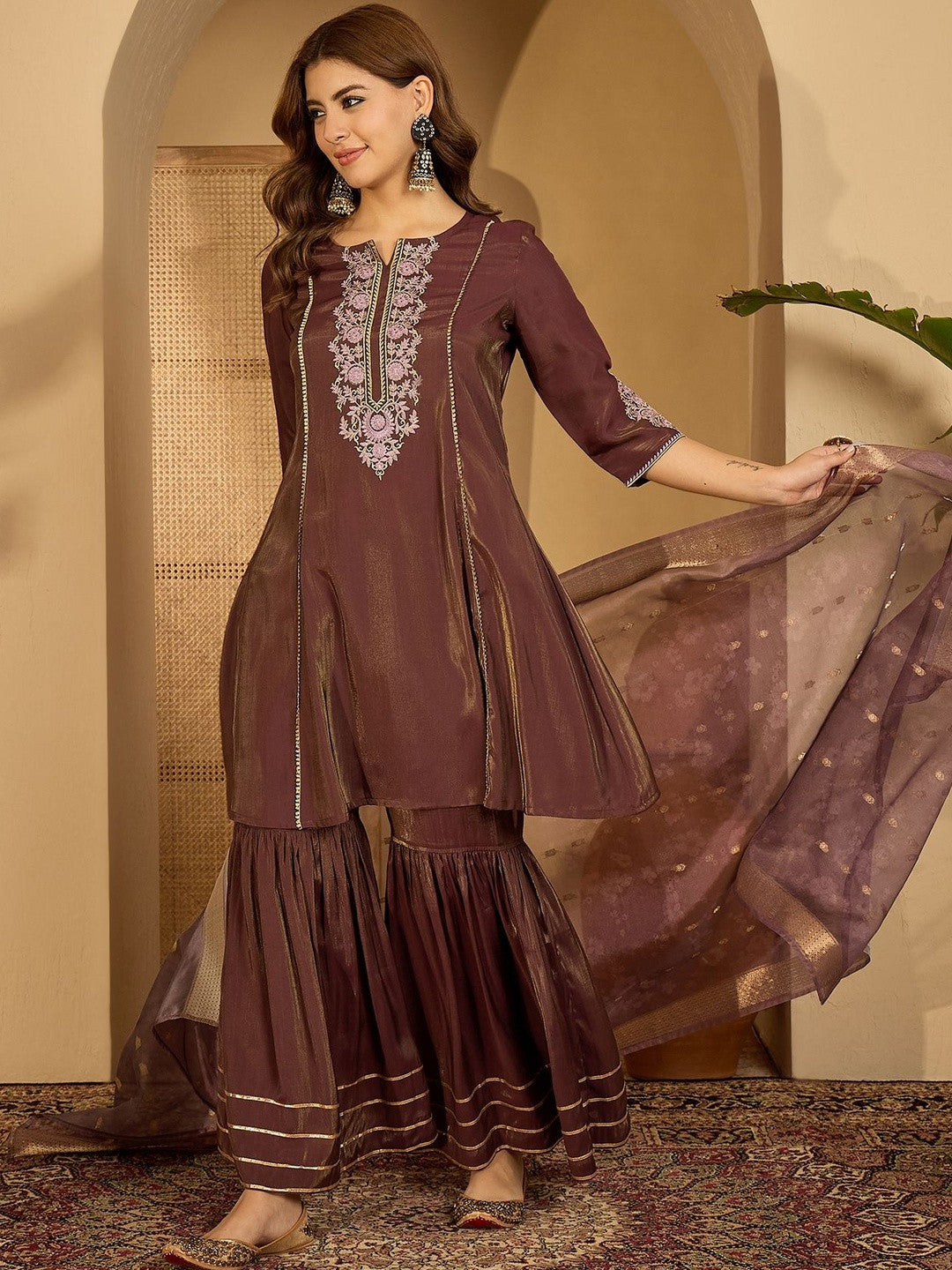 Women Brown Embroidered Kurta Sets With Dupatta