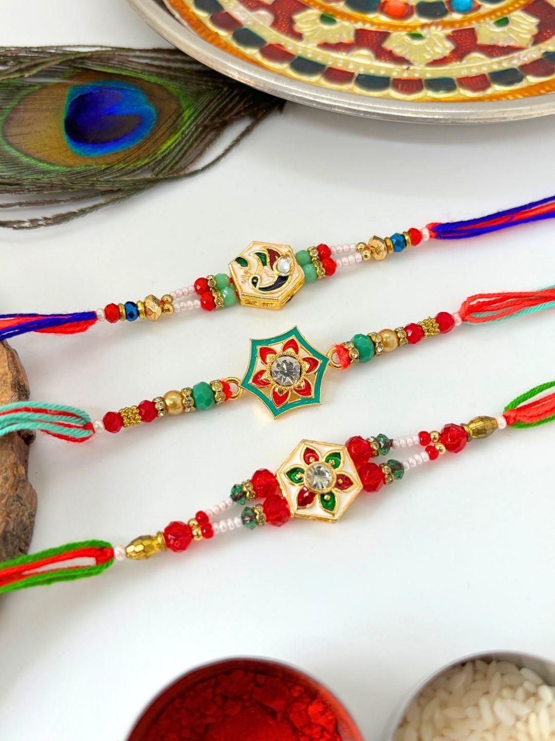 Dhiyona 3 pcs Meenakari Kundan Traditional Handmade Rakhi for Brother