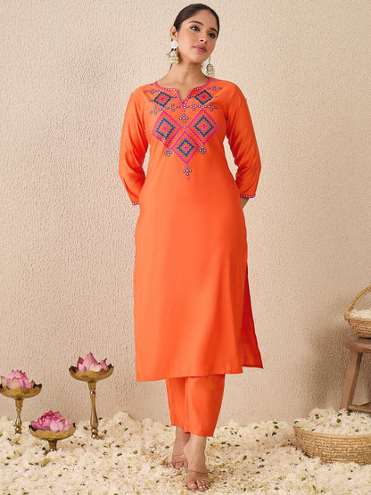 Dhiyona IE Women's Ethnic Motifs Embroidered Mirror Work Liva Straight Kurta With Trousers & Dupatta
