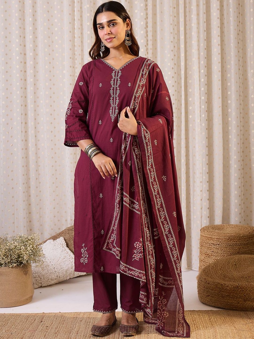 Dhiyona IE Women Ethnic Motifs Printed Pure Cotton Kurta with Trouser & Dupatta
