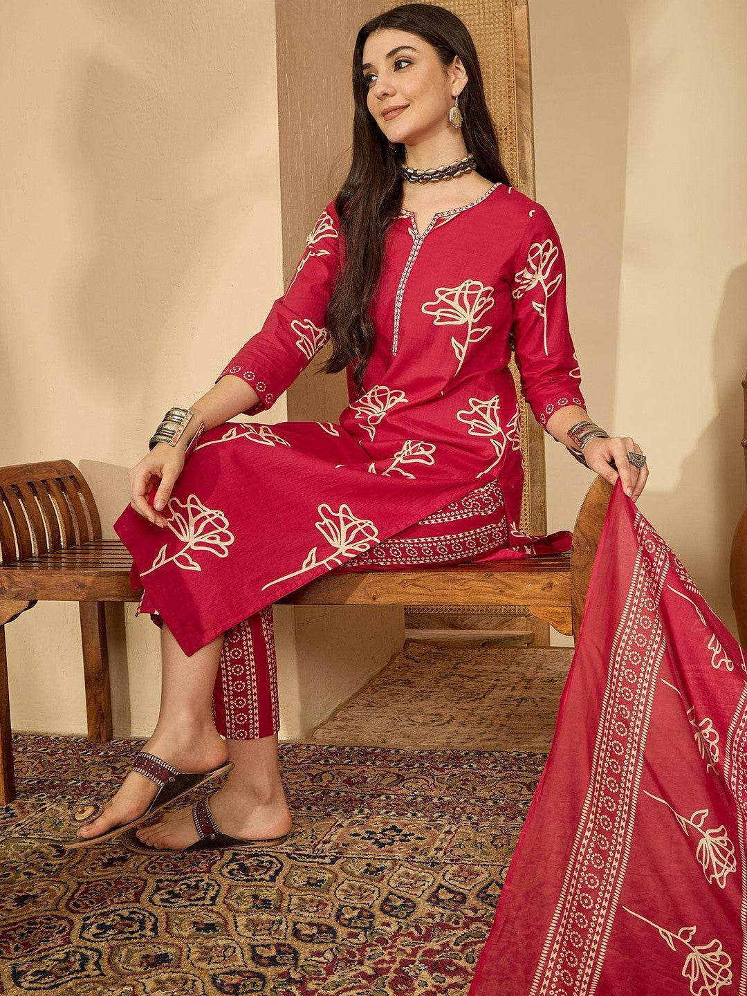 Printed Pure Cotton Round Neck Kurta & Trousers Kurta Set