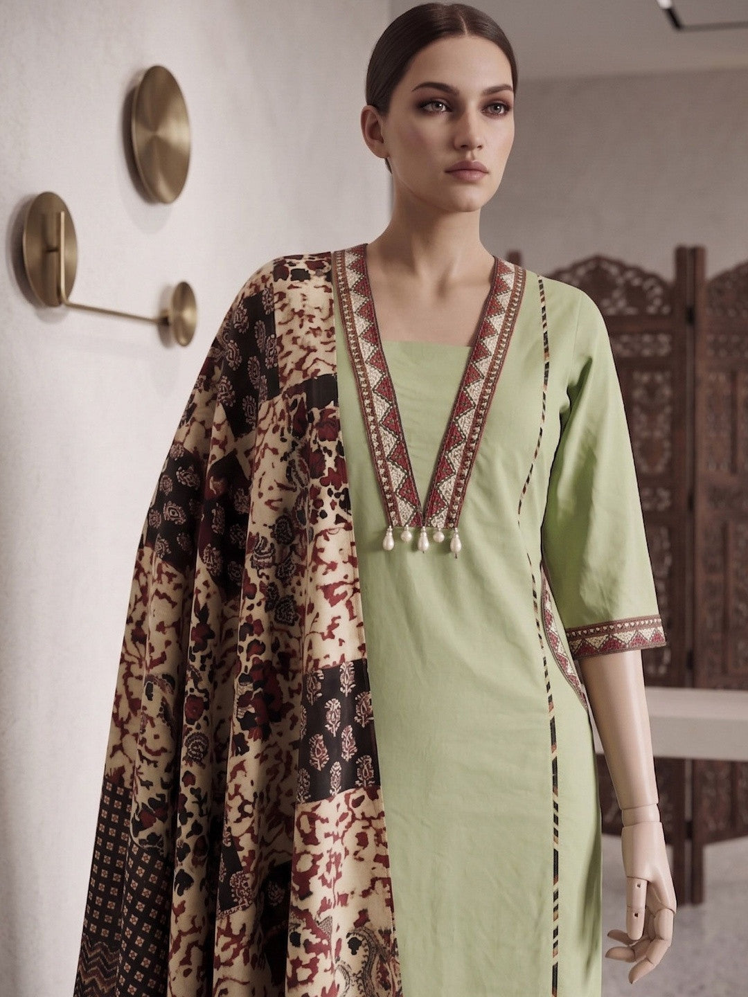 Embroidered Cotton Kurta & Palazzos With Dupatta Kurta Set