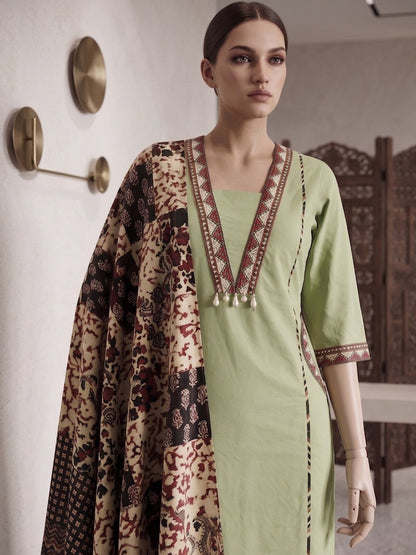 Embroidered Cotton Kurta & Palazzos With Dupatta Kurta Set