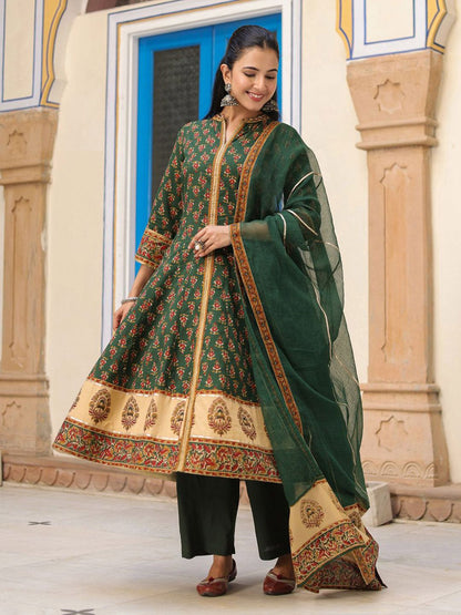 Dhiyona RR Women's Ethnic Motifs Printed Cotton Anarkali Kurta with Trousers & Dupatta