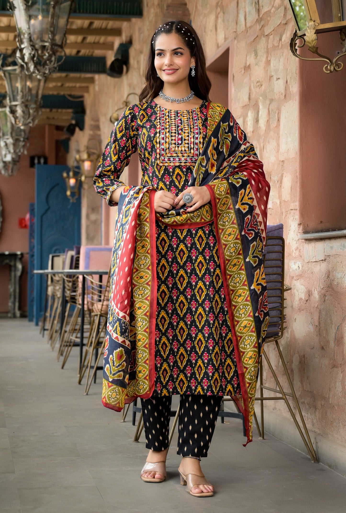 Women Yellow Embroidery Viscose Rayon Kurta, Pant And Dupatta Set