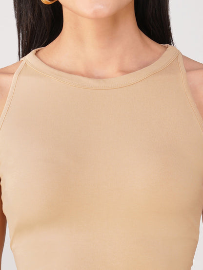 Dhiyona ST Women's Stretchy Knitted Halter Neck Nude Crop Top