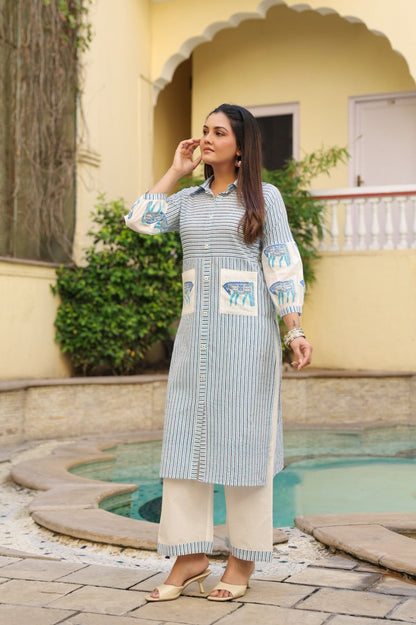Dyna Azure Printed Stripe Kurta Pant Set