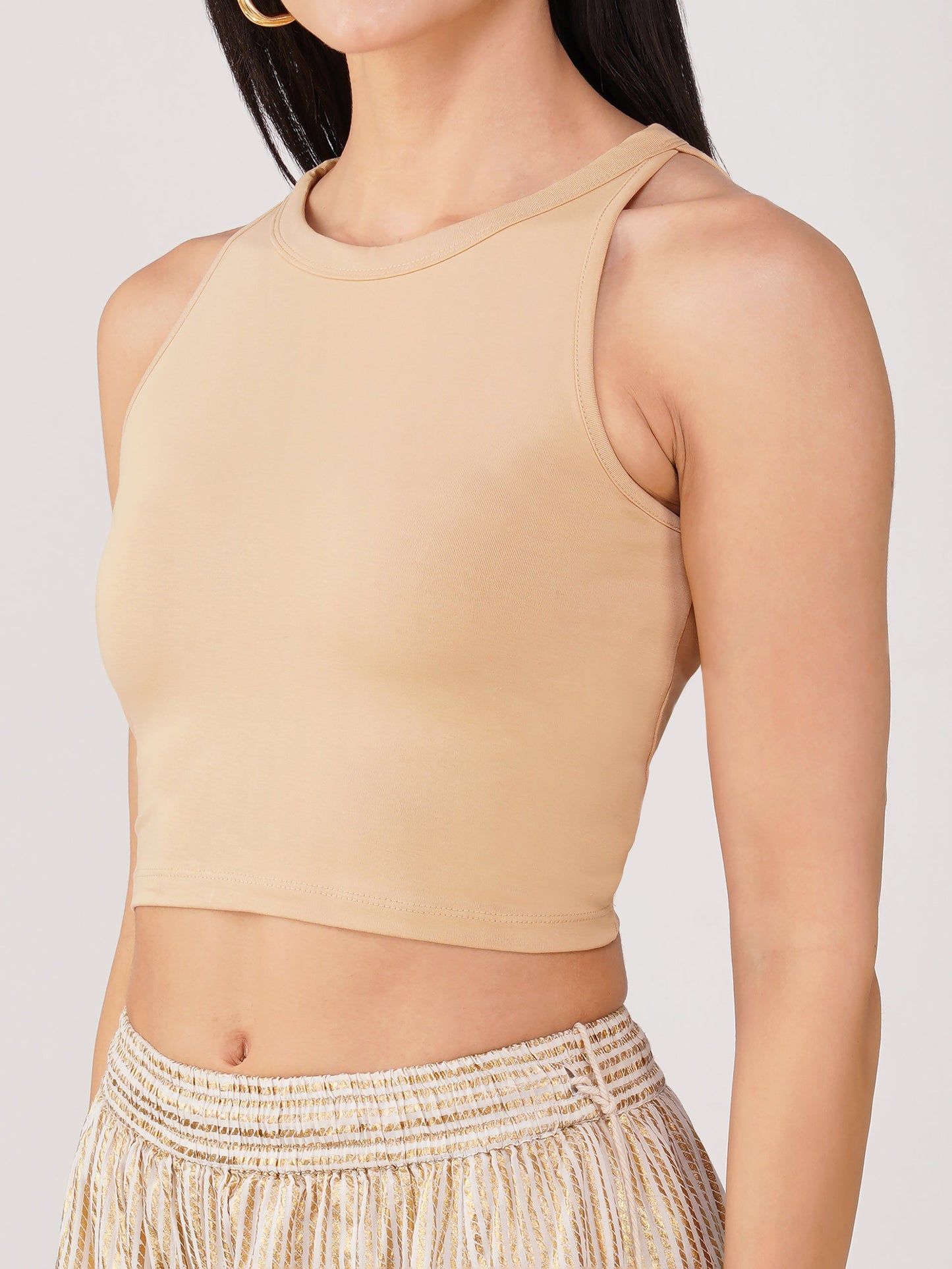 Dhiyona ST Women's Stretchy Knitted Halter Neck Nude Crop Top