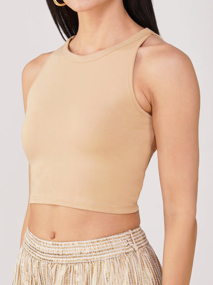 Dhiyona ST Women's Stretchy Knitted Halter Neck Nude Crop Top