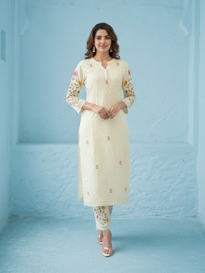 Kirti Mist Cotton Embroidered Suit Set
