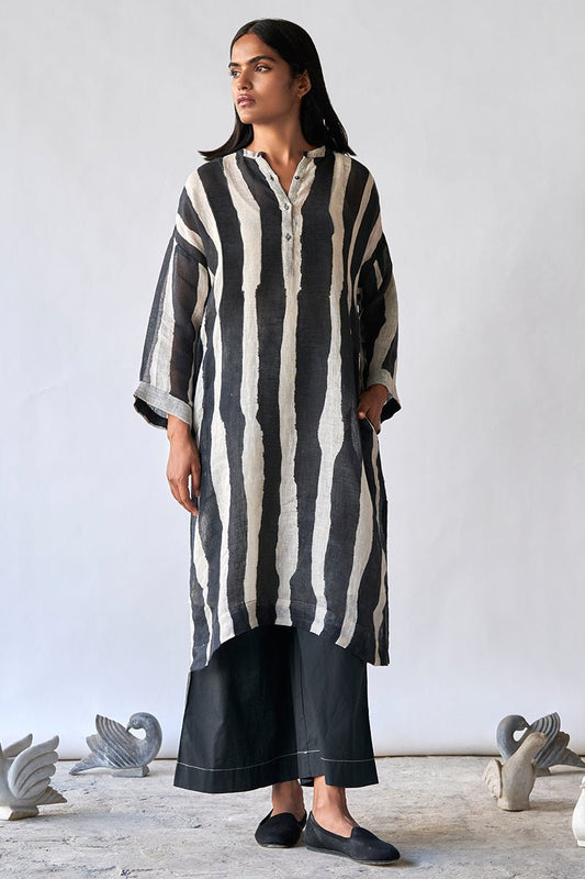 Women's Black and Tofu Stripe Linen Co-ord Set