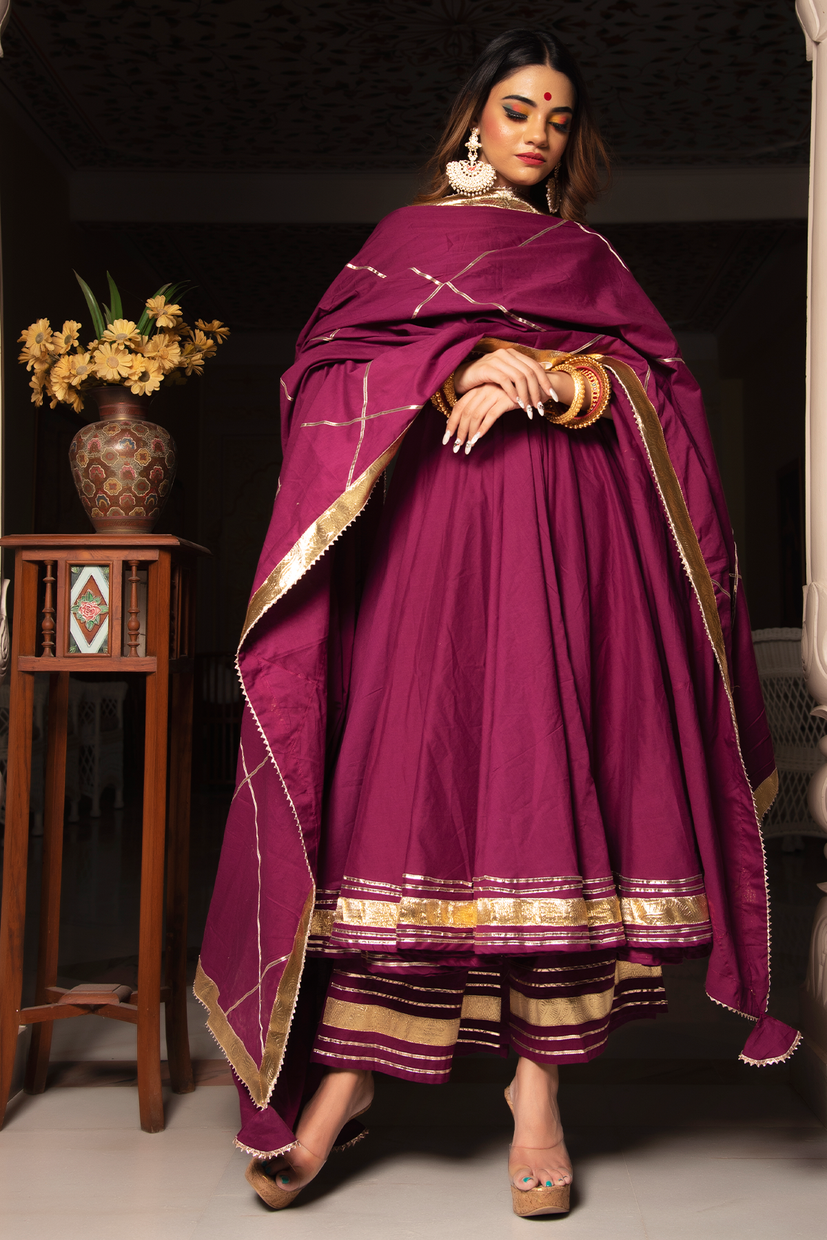 Burgundy Pure Cotton Anarkali Set