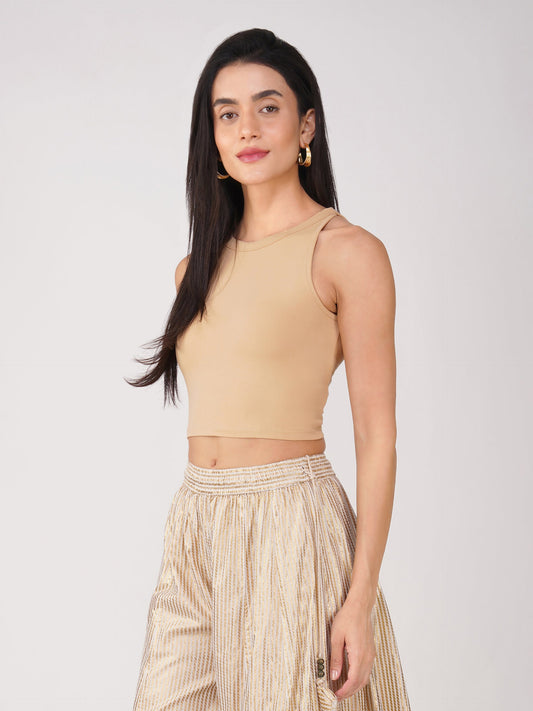 Dhiyona ST Women's Stretchy Knitted Halter Neck Nude Crop Top