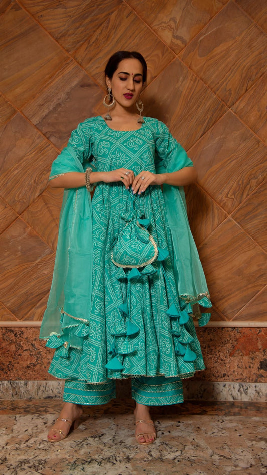 Bandhej Tiffany Blue Cotton Anarkali Set