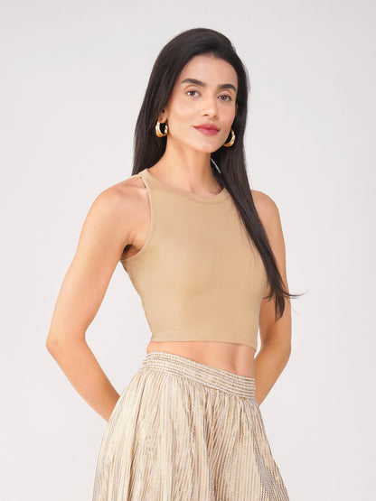 Dhiyona ST Women's Stretchy Knitted Halter Neck Nude Crop Top