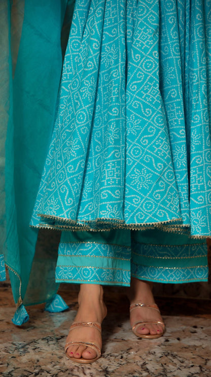 Bandhej Blue Cotton Anarkali Set