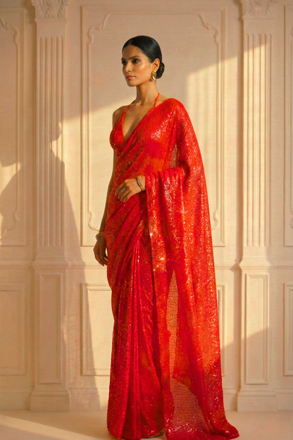 Dhiyona ST Scarlet Rouge Knitted Sequin Saree with Blouse Fabric
