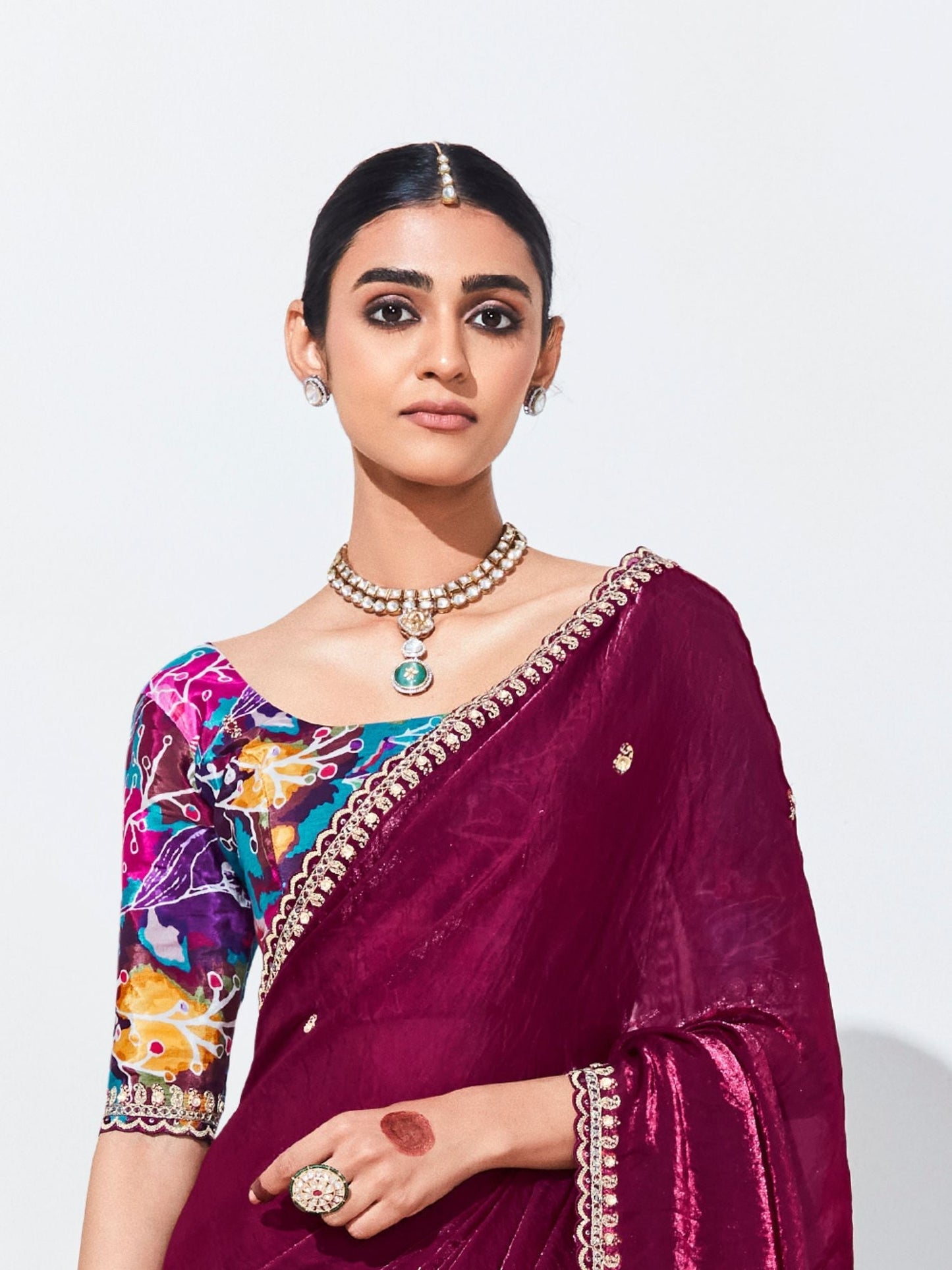 Dhiyona KM Women Wine Silk Saree With Vibrant Floral Blouse “ A Statement Of Luxury