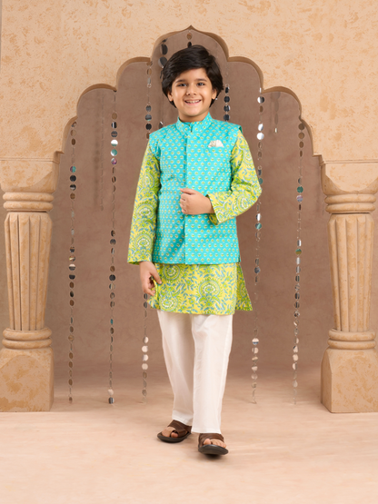 Jaipur Boys Green Kurta and Pyjama with Jacket Ethnic Set