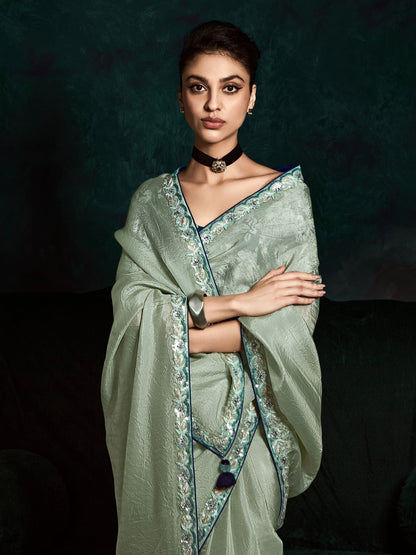 Dhiyona KM Women Stunning See Green Designer Organza Saree “ A Touch Of Elegance And Grace
