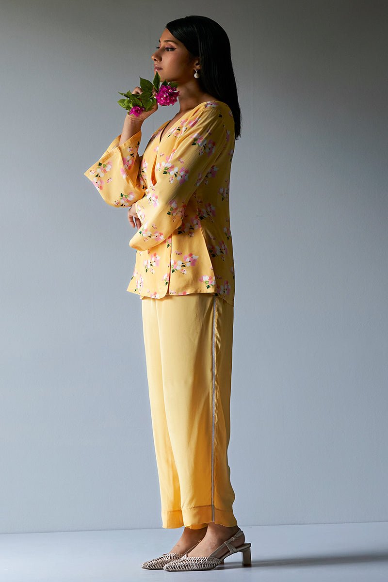 Women's Yellow Crepe Silk Printed Co-ord Set With Detailing Lace Work on Bottom Seam Line