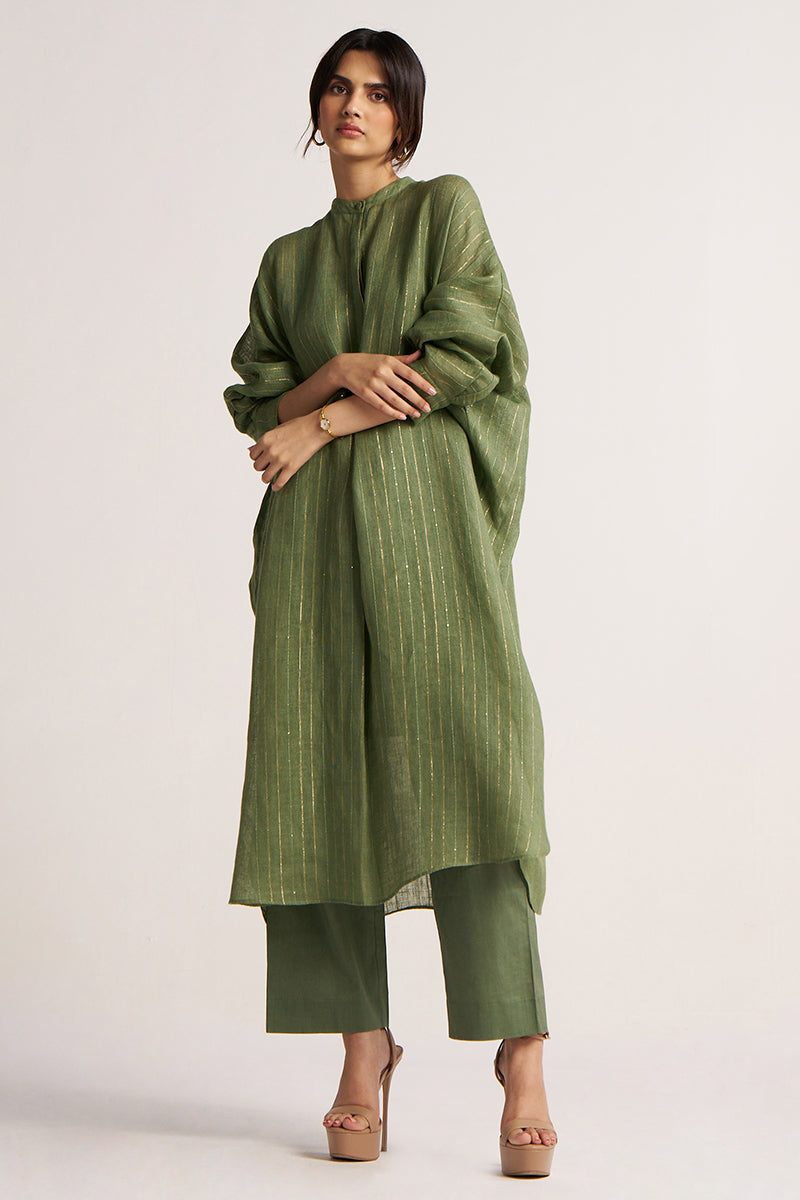 Women's Hedge Green Zari Linen Festive Co-ord Set