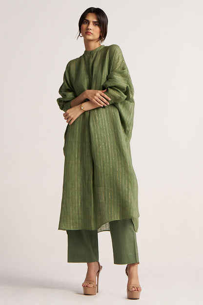 Women's Hedge Green Zari Linen Festive Co-ord Set