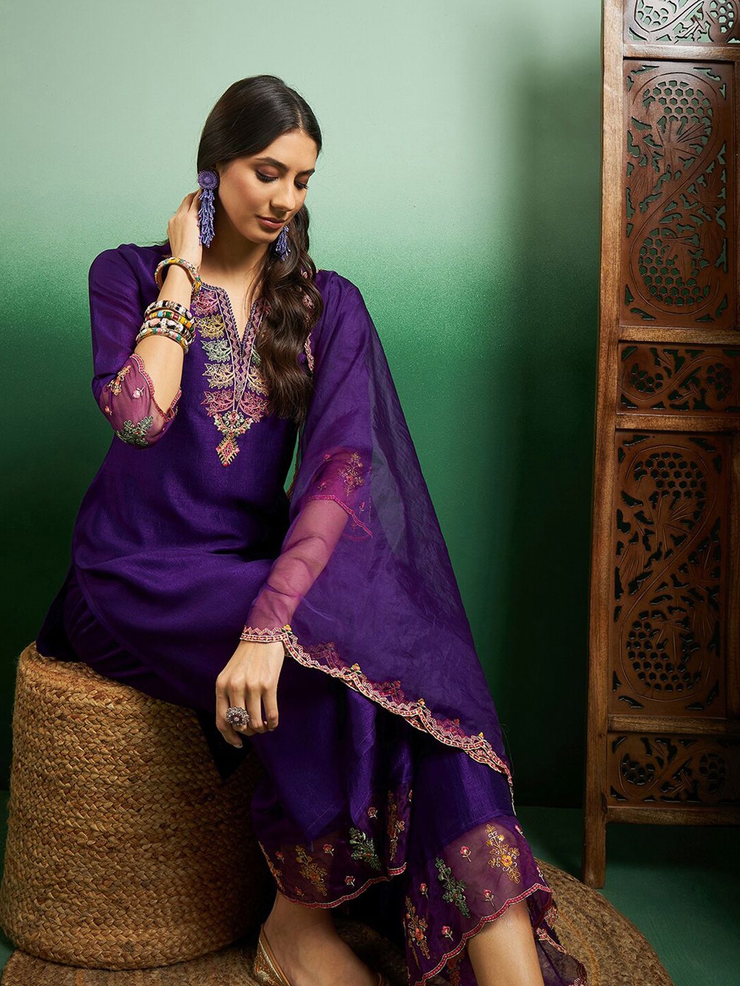 Dhiyona SN Women's Embroidered Notch Neck Kurta With Palazzo & Dupatta
