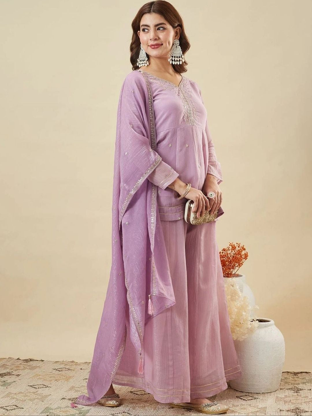 Women Ethnic Motifs Embroidered Empire Thread Work Silk Chiffon Kurta with Sharara & With Dupatta
