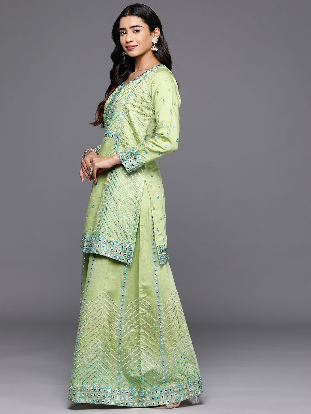 Dhiyona LL Women Floral Embroidered Mirror Work Kurta with Palazzos & Dupatta