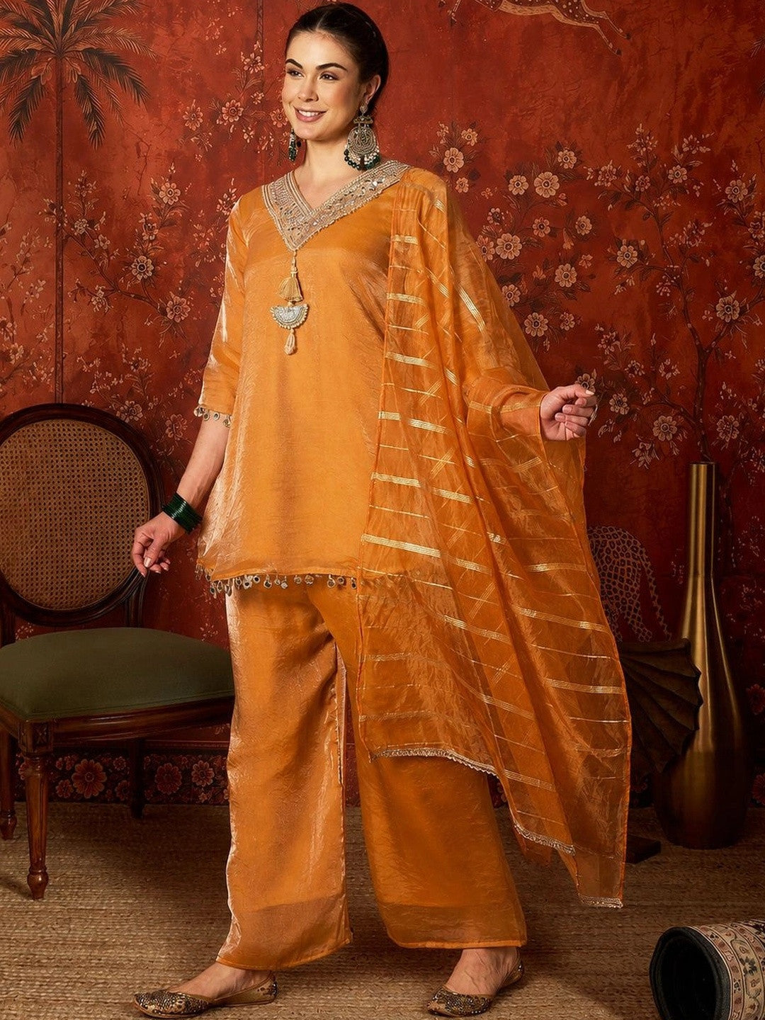 Women Regular Thread Work Pure Silk Kurta with Palazzos & With Dupatta