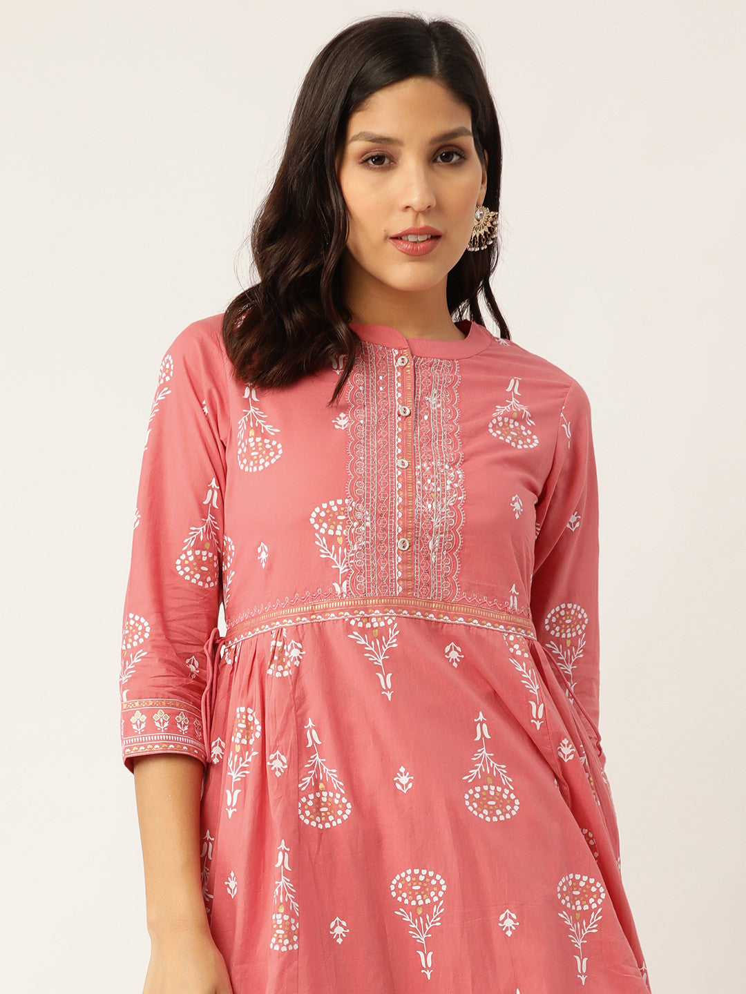 Dhiyona SN Women Pink & White Floral Khari Print Embroidered Anarkali Kurta with Palazzos