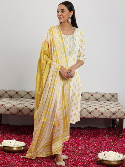 Floral Printed Regular Sequinned Kurta with Palazzo & Dupatta