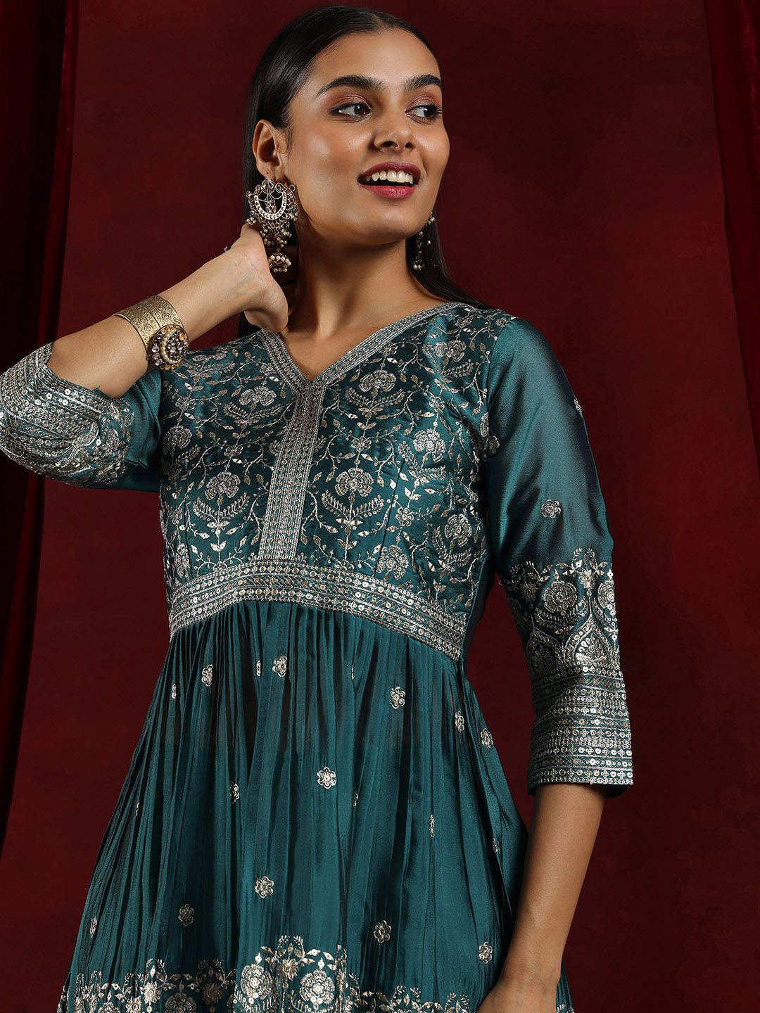Dhiyona LL Womens Teal Embroidered A-Line Kurti With Sharara & Dupatta