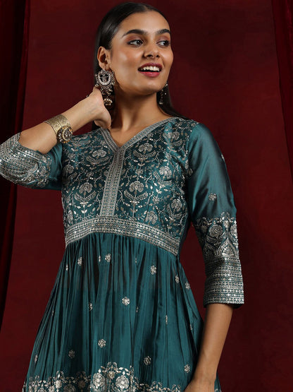 Dhiyona LL Womens Teal Embroidered A-Line Kurti With Sharara & Dupatta