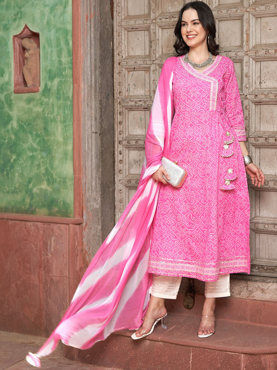 Dhiyona SN Pink Bandhani Printed Angrakha Mirror Work Pure Cotton Kurta Set