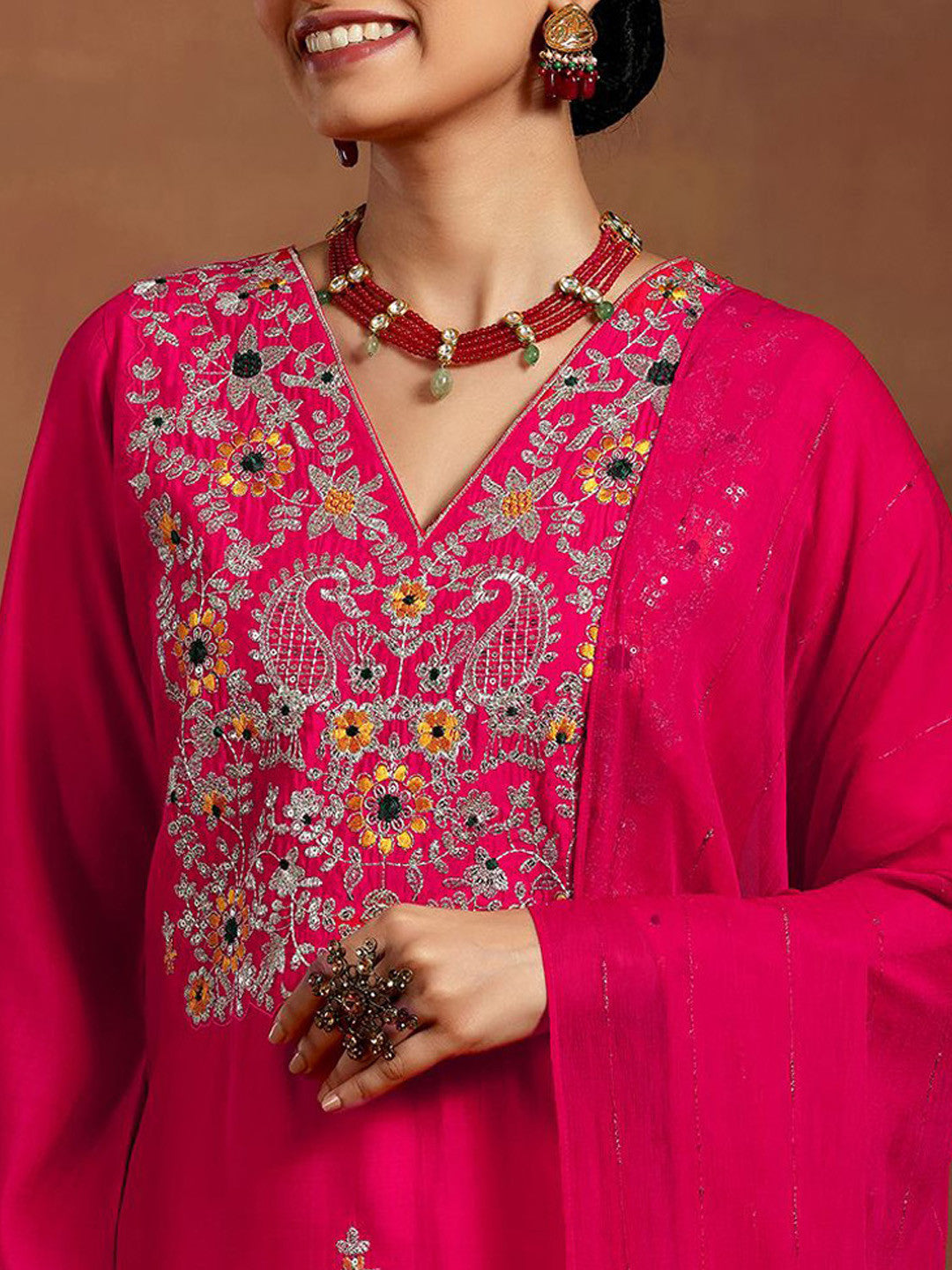 Ethnic Motifs Embroidered Sequinned V-Neck Straight Kurta With Trouser & Dupatta