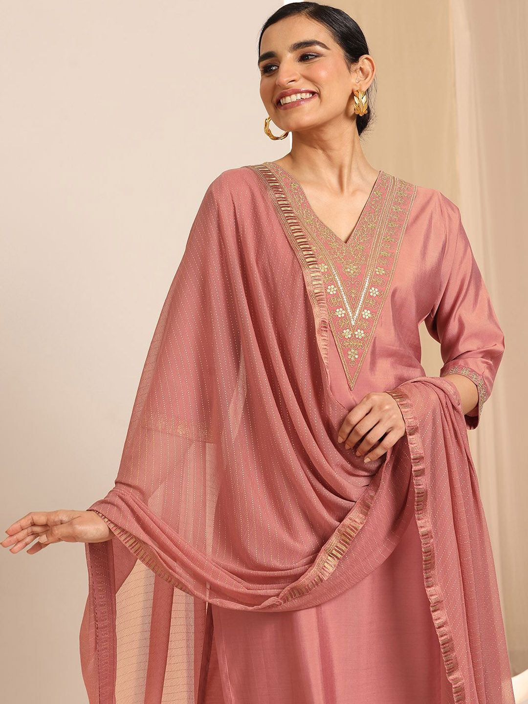 Floral Yoke Design Sequnnied Straight Kurta With Trousers & Dupatta