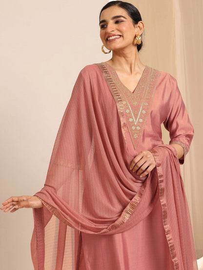 Floral Yoke Design Sequnnied Straight Kurta With Trousers & Dupatta