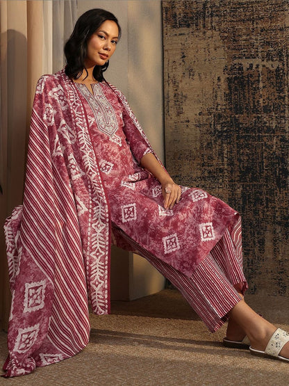 Women Ethnic Motifs Printed Regular Thread Work Kurta with Palazzos & With Dupatta